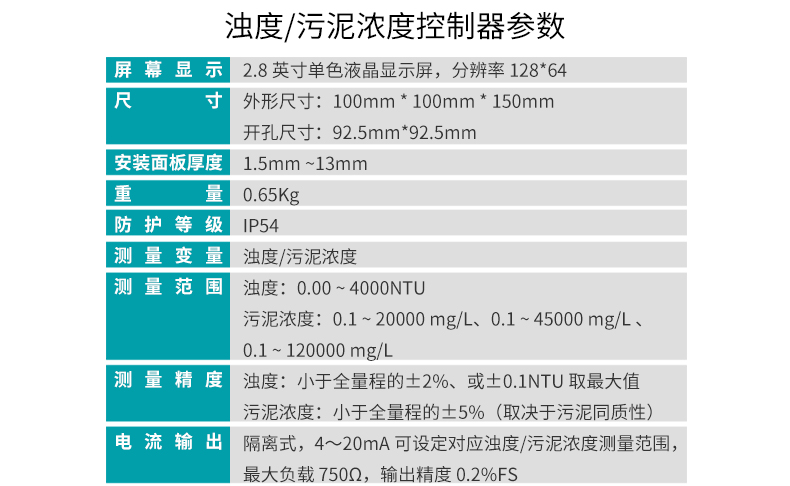 米科MIK-PTU100在线浊度检测仪控制器参数1